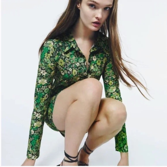 ZARA Floral Vibrant Green Print Collared Mini Dress Size S NEW - Picture 8 of 8